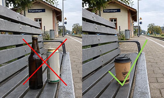 Auf Bank am Bahnhof Rangendingen steht symbolisch ein durchgestrichenes Bier und ein Kaffeebecher mti grünem Häkchen