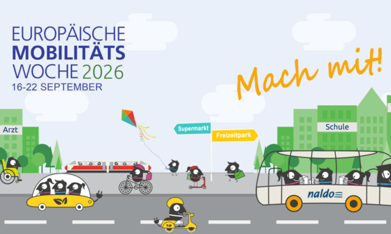 Grafik mit den Maskottchen der europäischen Mobiltätswoche, die vereschiedene Mobilitätsformen im Alltag zeigen